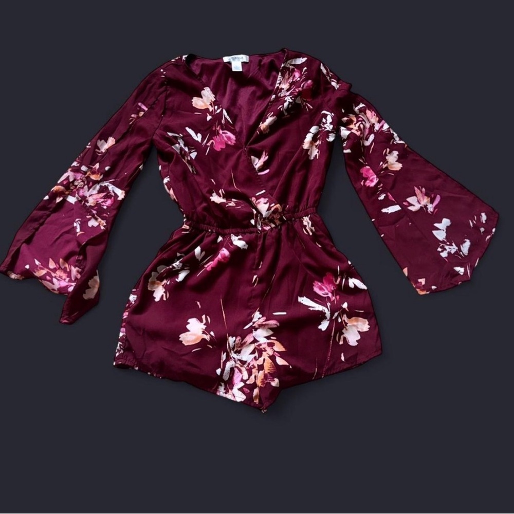 Az Jean Co Floral Burgundy Romper with Bell Sleeves